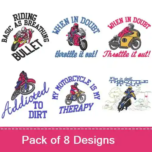 Addicted To Two Wheels Embroidery design pack by MA Designs, Embroidery Packs on EmbroideryDesigns.com Wholesale