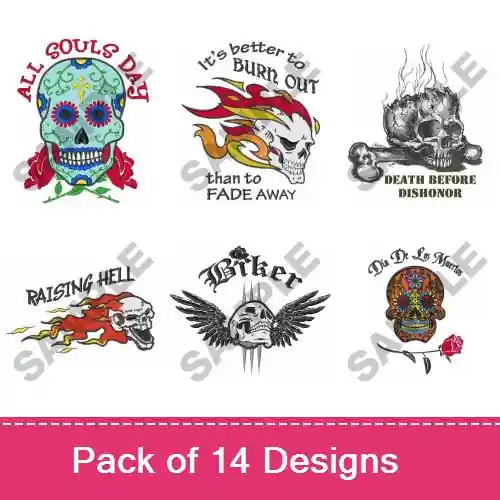 Exclusive Skeleton Skulls Embroidery design pack by Great Notions, Embroidery Packs on EmbroideryDesigns.com