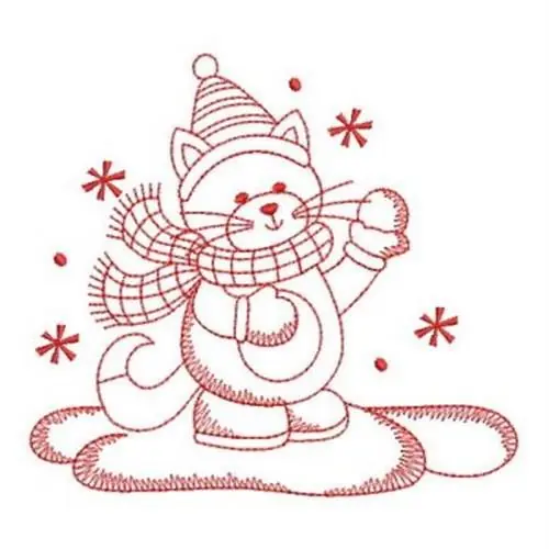 Exclusive Redwork Waving Kitty Embroidery Design