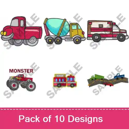 Lets Play Trucks Embroidery design pack by Great Notions, Embroidery Packs on EmbroideryDesigns.com Fast Shipping