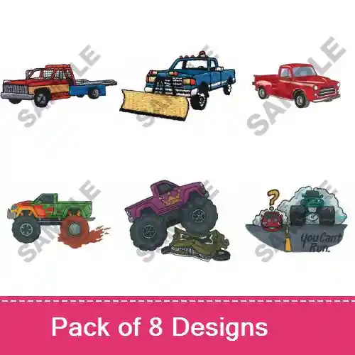 Trusted Brand Pick Up & Monster Trucks Embroidery design pack by Great Notions, Embroidery Packs on EmbroideryDesigns.com