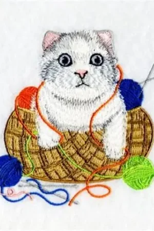 Yarn Basket Kitty Embroidery Design Reduced Price