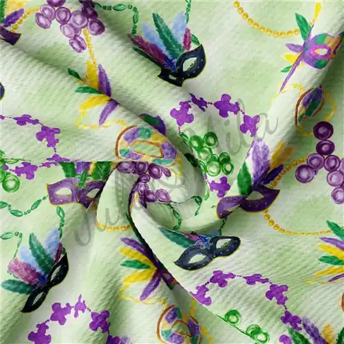 While Supplies Last Mardi Gras Printed Liverpool Bullet Textured Stretch Solid Strip Thick Knit Jersey Fabric