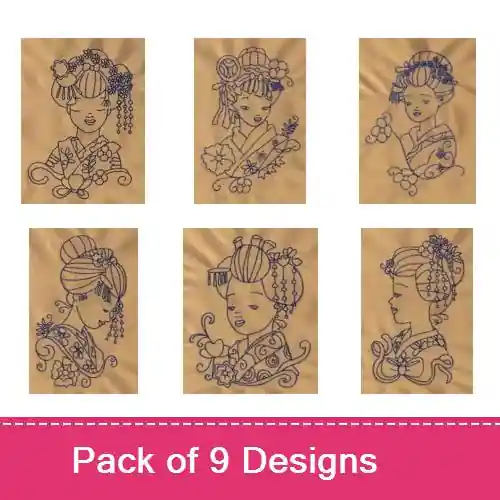 Clearance BW Geisha Woman Embroidery design pack by Daydream Designs, Embroidery Packs on EmbroideryDesigns.com