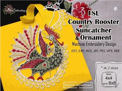 Viral FSL Rooster Suncatcher Embroidery Design