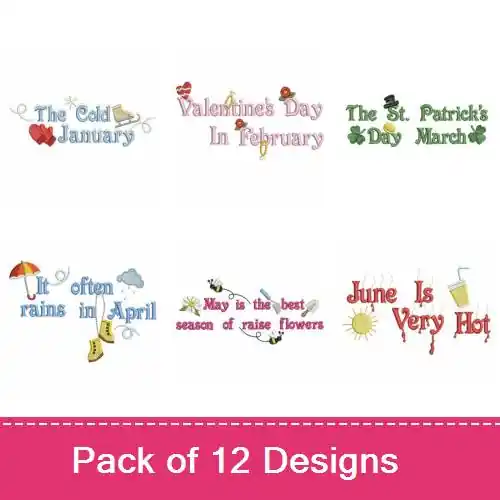 Warranty Included Months of the Year Embroidery design pack by Wind Bell Embroidery, Embroidery Packs on EmbroideryDesigns.com