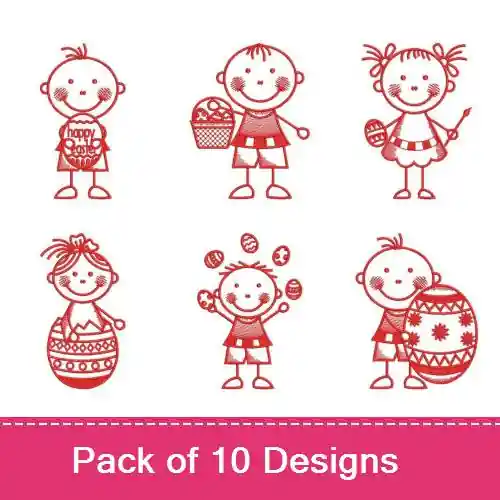 Save Now Redwork Stick Easter Kid Embroidery design pack by Wind Bell Embroidery, Embroidery Packs on EmbroideryDesigns.com