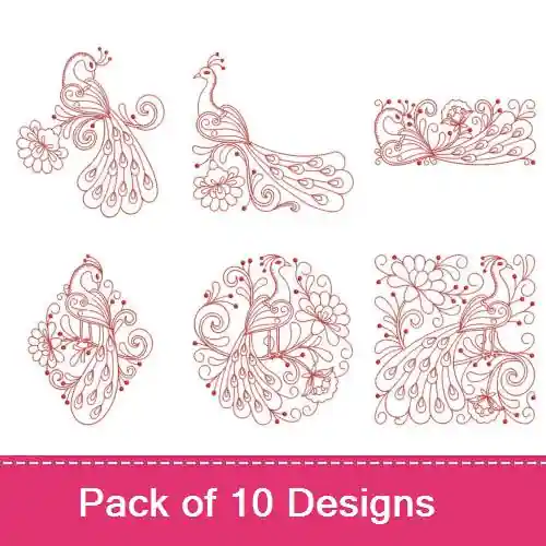 Redwork Heirloom Peacock Embroidery design pack by Wind Bell Embroidery, Embroidery Packs on EmbroideryDesigns.com Original