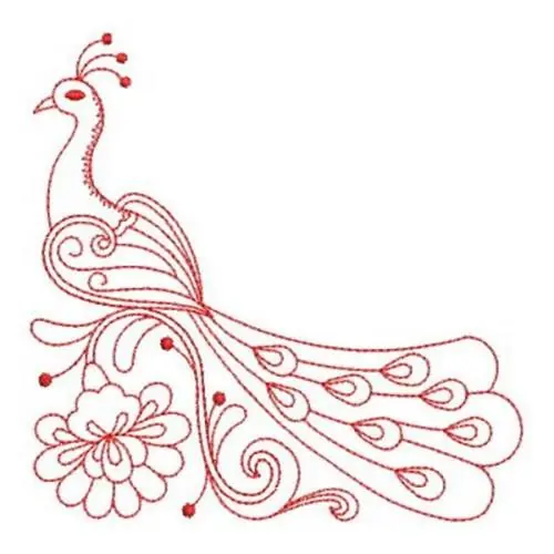 Modern Redwork Cprner Peacock Embroidery Design