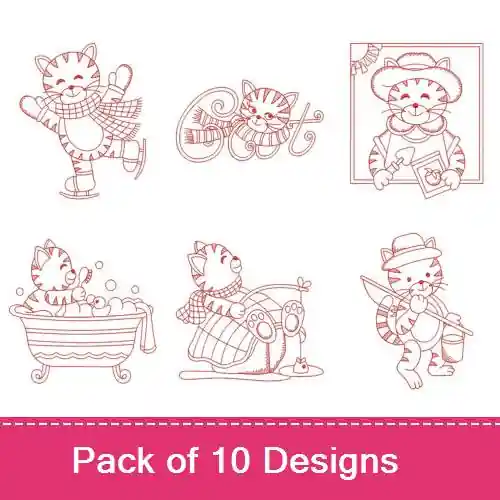 Redwork Cute Cat Embroidery design pack by Wind Bell Embroidery, Embroidery Packs on EmbroideryDesigns.com Secure Checkout