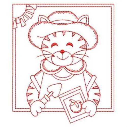 Free Returns Redwork Garden Cat Embroidery Design