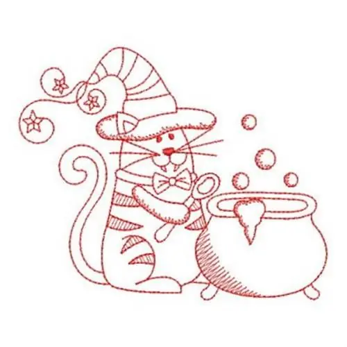 Redwork Cauldron Cat Embroidery Design New Release