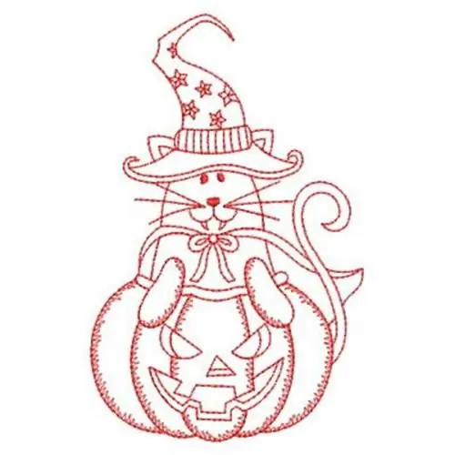 Redwork Jack-o-lantern Cat Embroidery Design Original