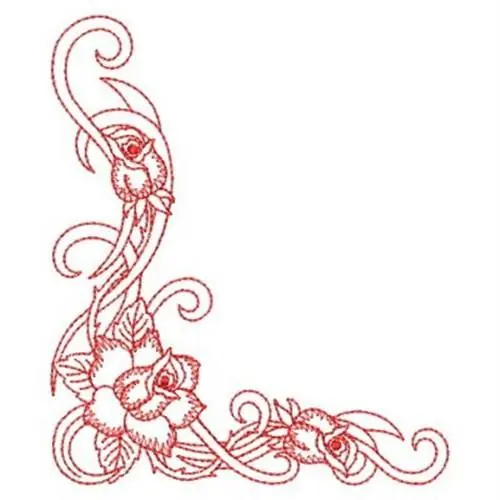 Modern Redwork Corner Rose Embroidery Design